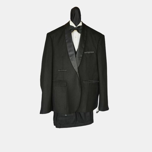 Black tuxedo with satin shawl lapels and a black bow tie, on a dress form