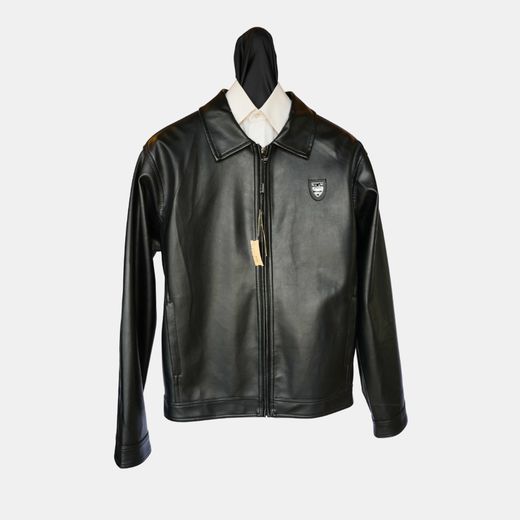 Black zip-front leather jacket over a white shirt, on a dress form