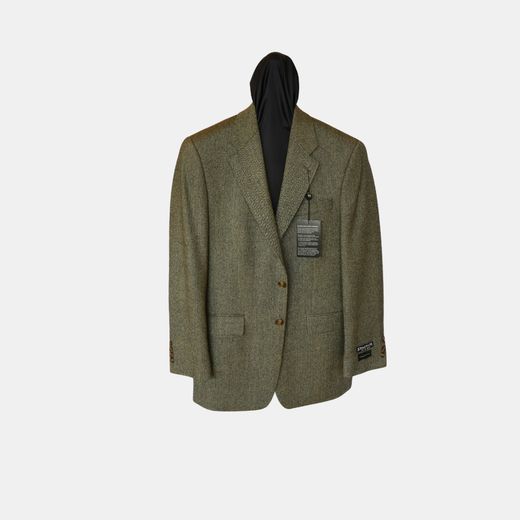 Olive herringbone sport coat with a hang tag, on a dress form